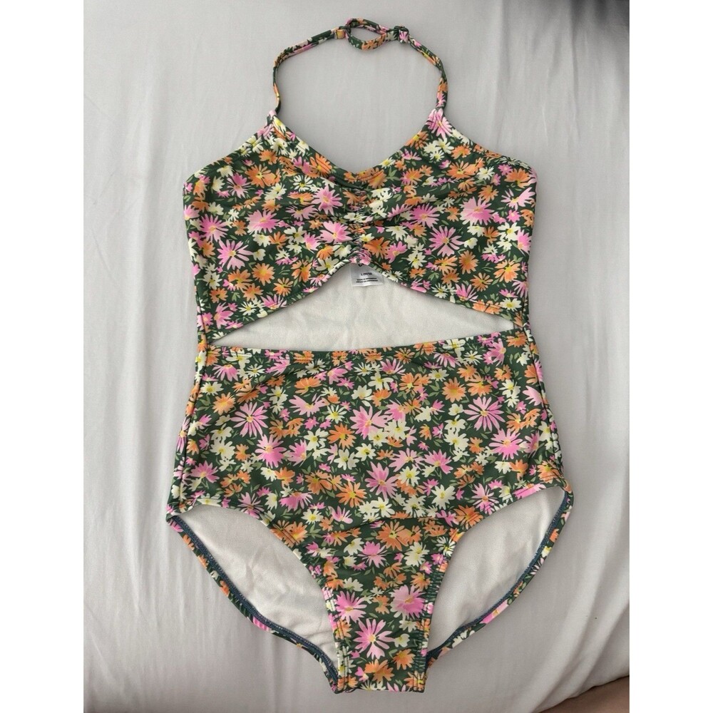 Art Class One Piece Floral Halter Cut-Out Swimsuit Green Pink L (10/12)